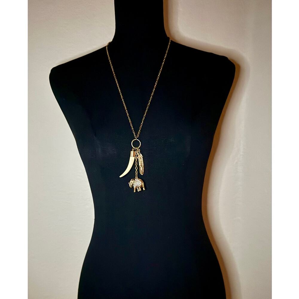 Boho Gold Tone Rhinestone Elephant Tusk & Feather Charm Necklace Long